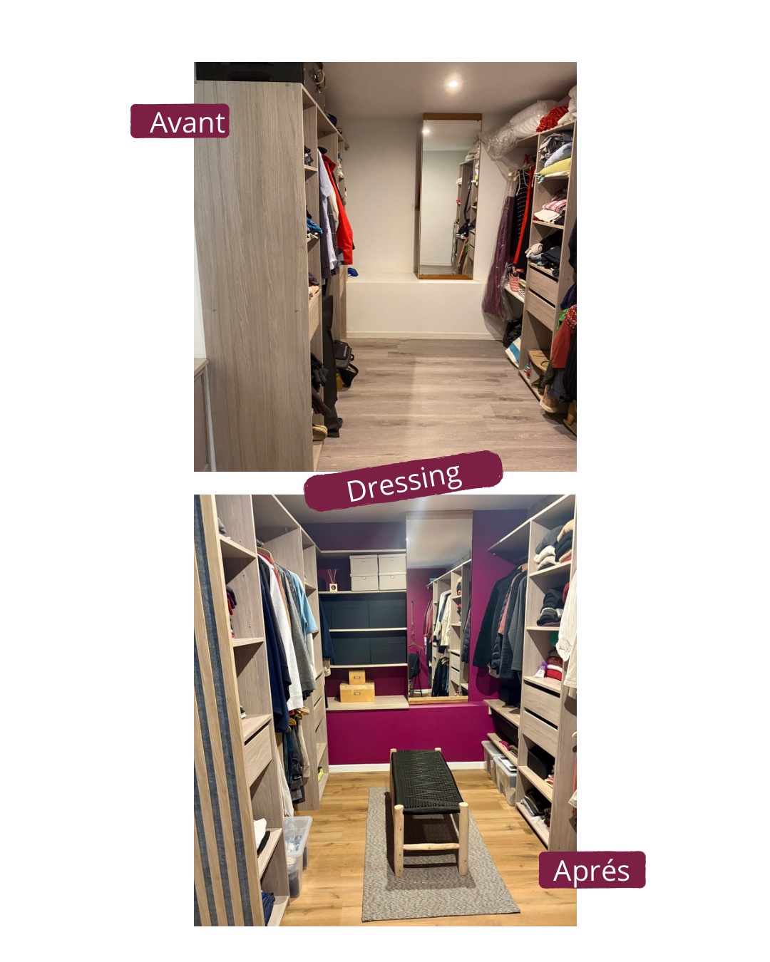 Avant / Après — le dressing&nbsp;: rangements sur mesure et mise en couleur